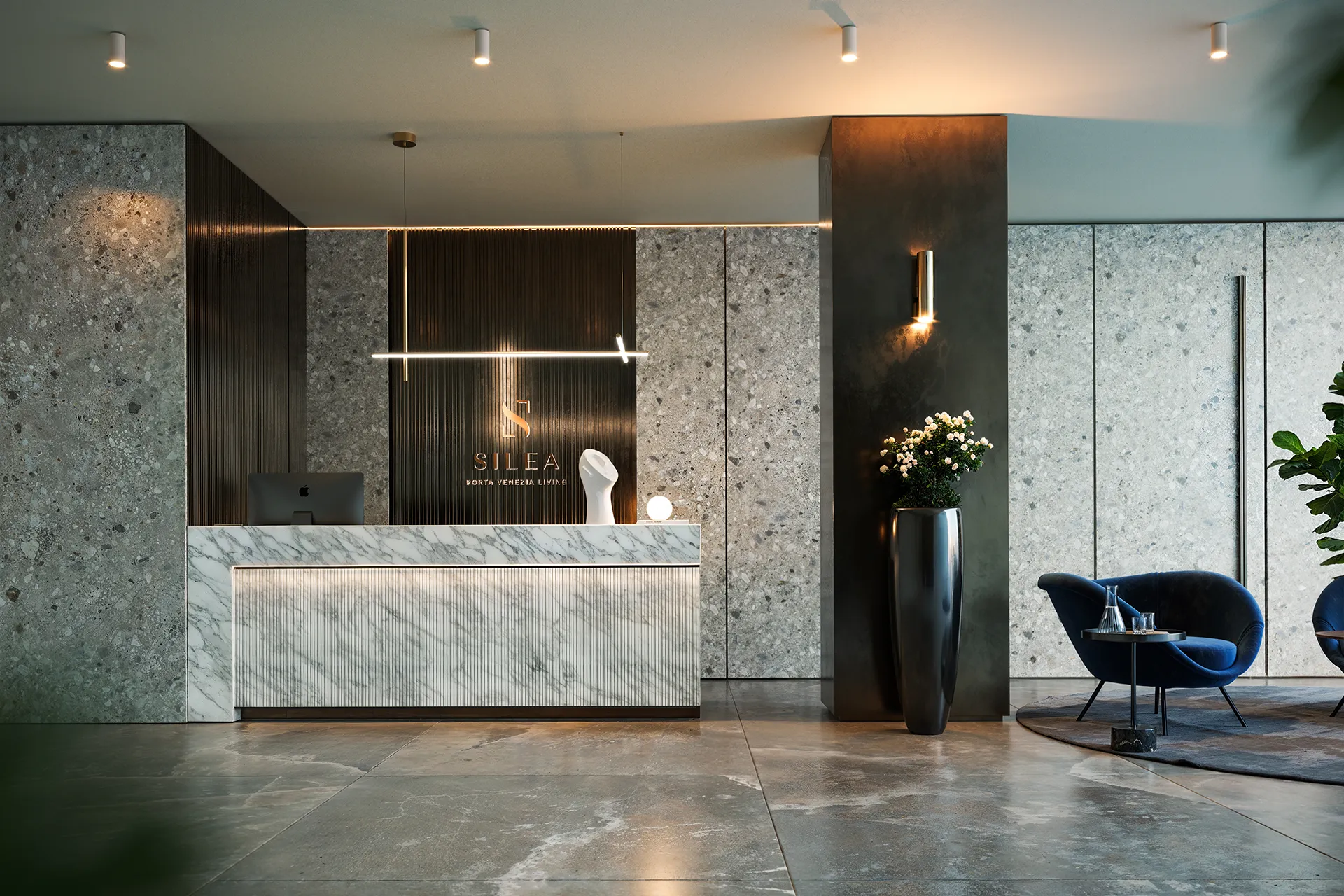 Silea: Porta Venezia Living – lobby elegante al servizio di monolocali, bilocali, trilocali e quadrilocali, con reception e finiture di pregio.